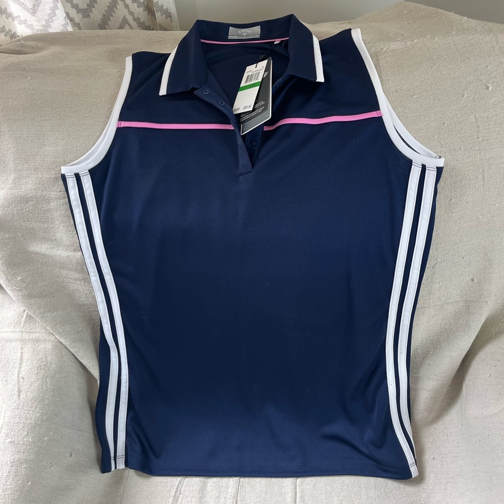 NWT Callaway Navy with white and pink trim Sleeveless Golf Shirt